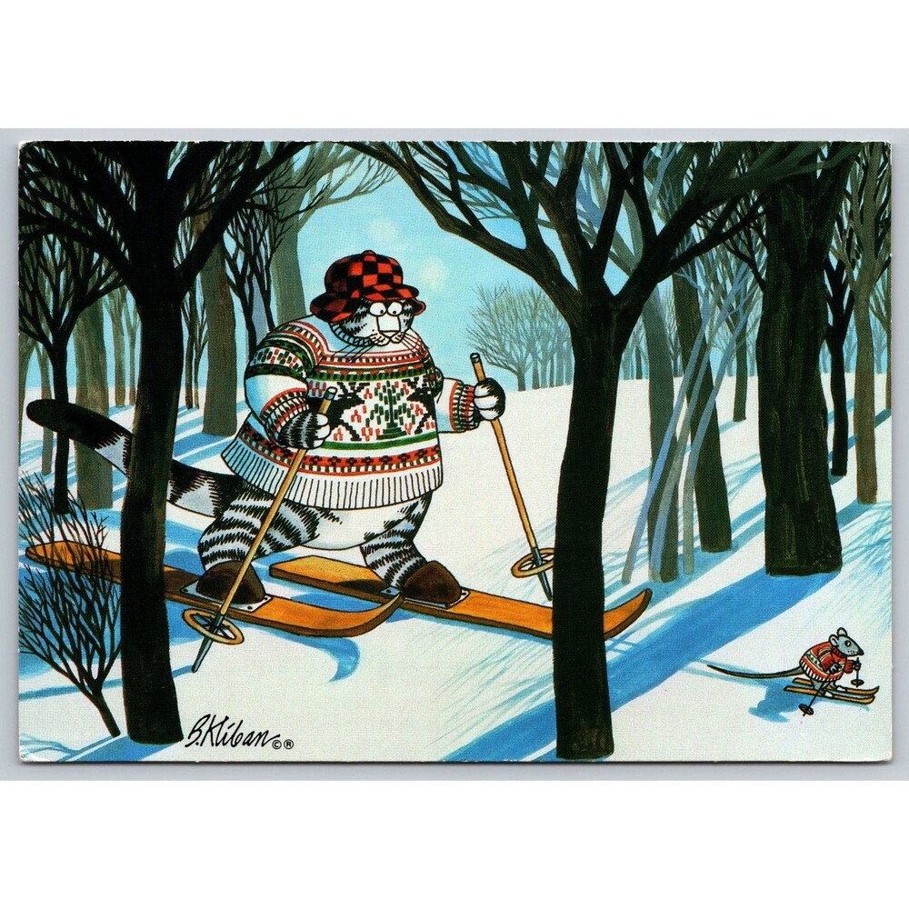 Postcard Cat Skiing after Mouse Cartoon by B. Kliban Hallmark Snow Unposted 1984